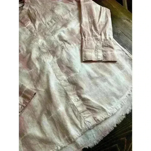 Zara Oversized Tie Dye Button Up Tunic Blouse Size Small Frayed Hem Pink White - Picture 5 of 9